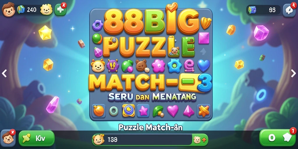 Antarmuka game Puzzle Match-3 dengan grafis menawan dan gameplay menarik.