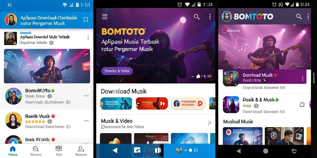 Tampilan antarmuka utama aplikasi BOMTOTO untuk Download Musik.