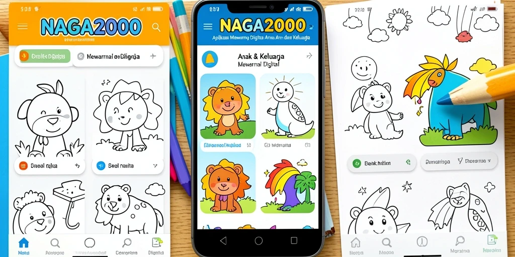 Tampilan antarmuka aplikasi NAGA2000 yang colorful dan ramah anak.
